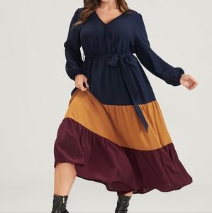 Bloomchic Colorblock Contrast Wrap Pocket Lantern Sleeve Belted Dress Size 14